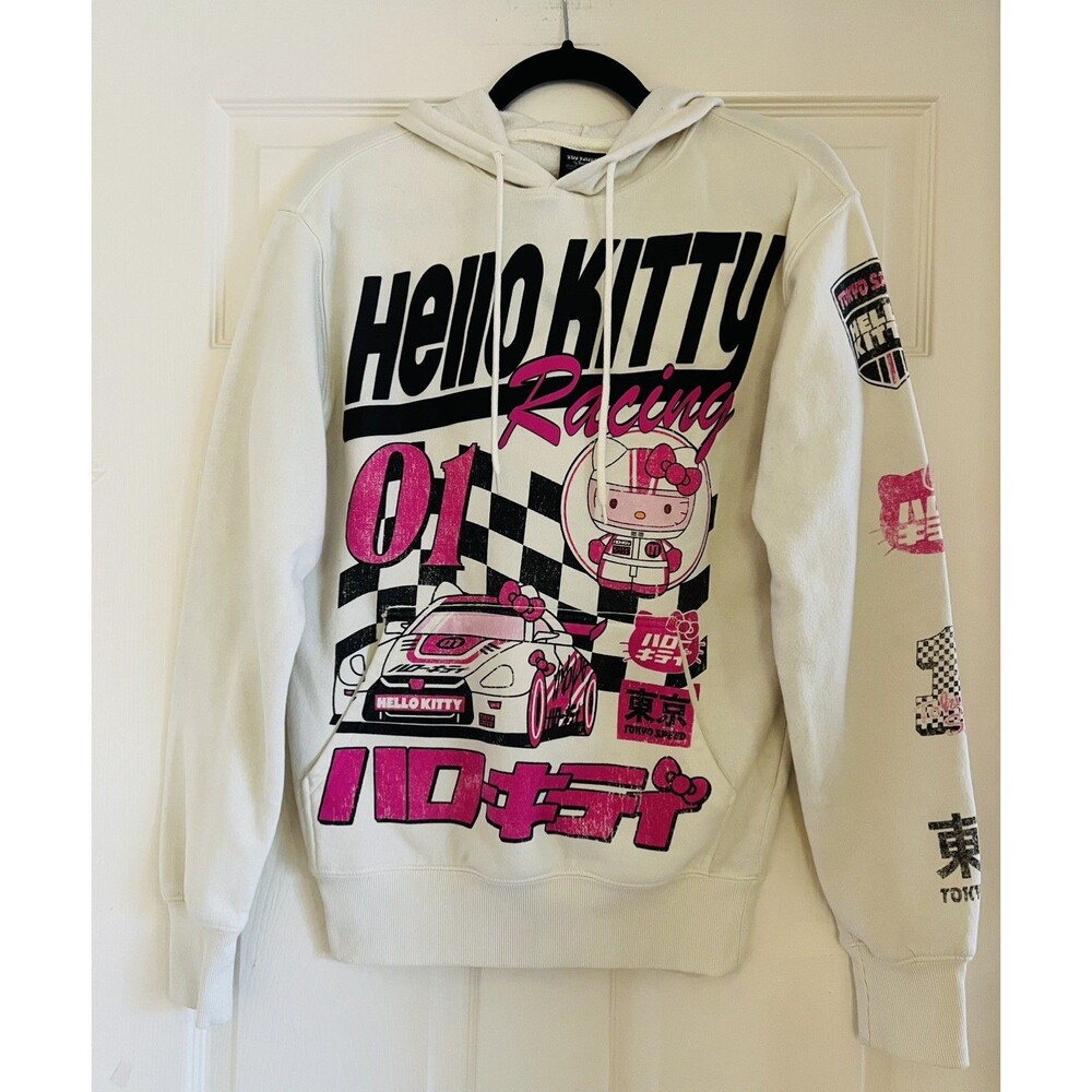Hello Kitty Tokyo Speed Racing Hoodie White Sanrio Graphics Men's XS Kawaii Y2K